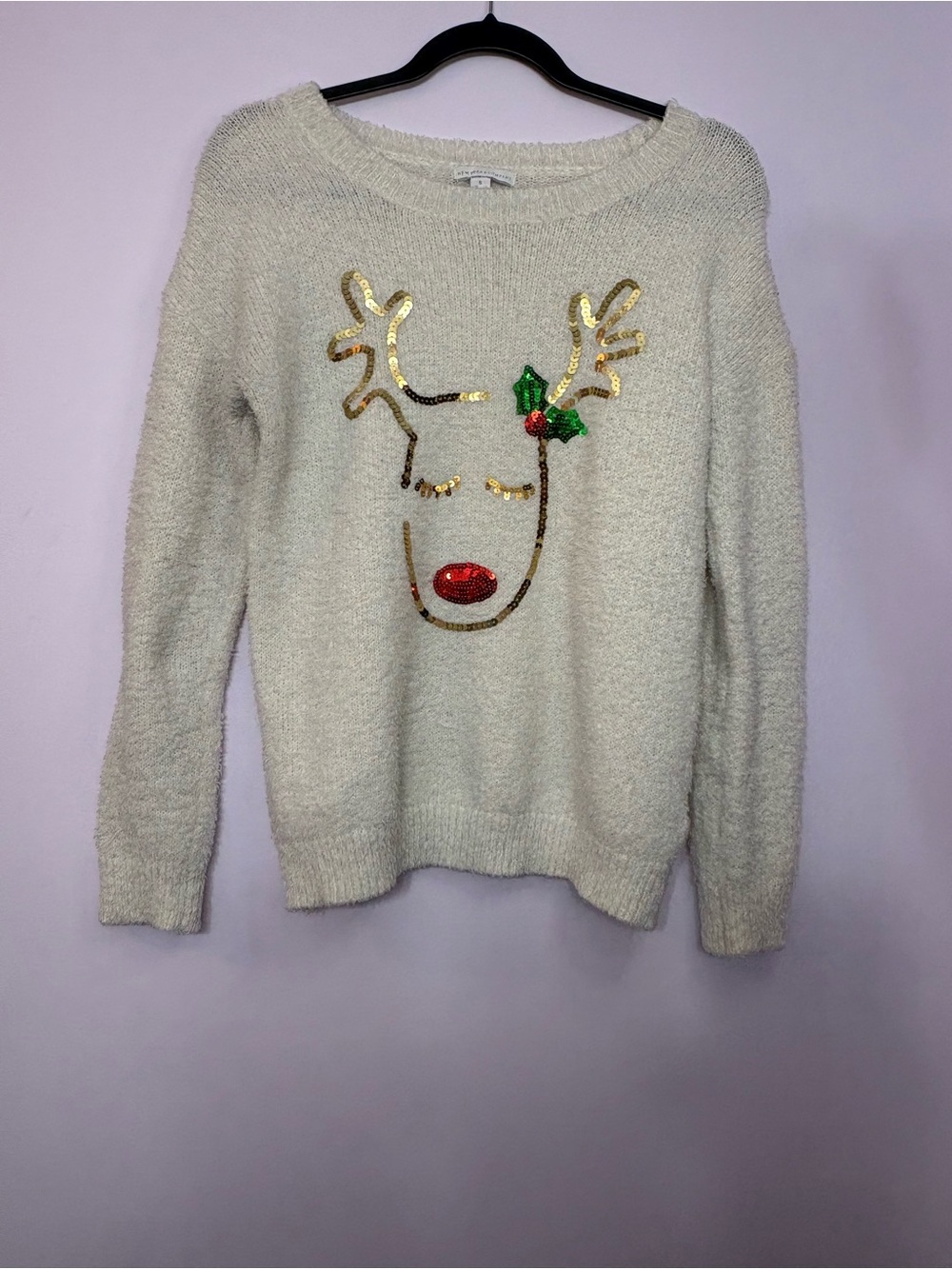 New York & Company Cream Sequin Reindeer Crewneck Sweater